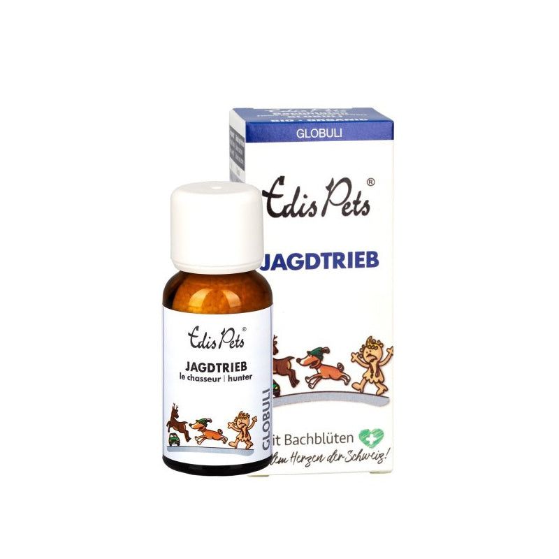 Braune Glasflasche und Karton mit "Edis Pets Jagdtrieb". Illustrationen von Hunden. Globuli-Packung.