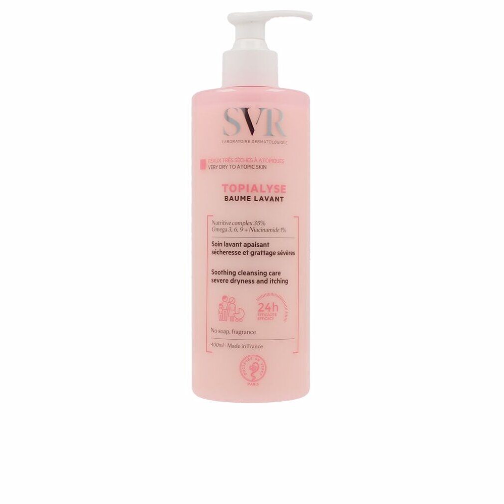 Rosa Flasche mit weißem Pumpverschluss. Aufschrift SVR, Topialyse Baume Lavant. Für trockene, atopische Haut.