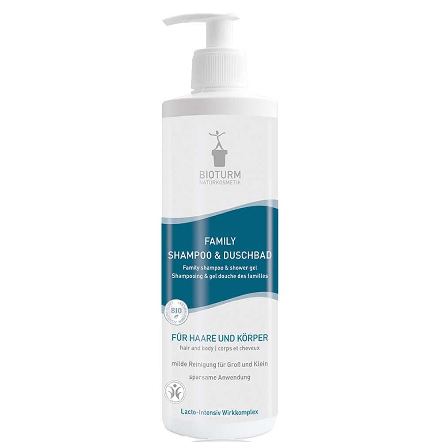 Weißer Spender mit blauem Streifen. Aufschrift: FAMILY SHAMPOO & DUSCHBAD. Für Haare und Körper. Bio-Siegel. Lacto-intensiv Wirkkomplex.