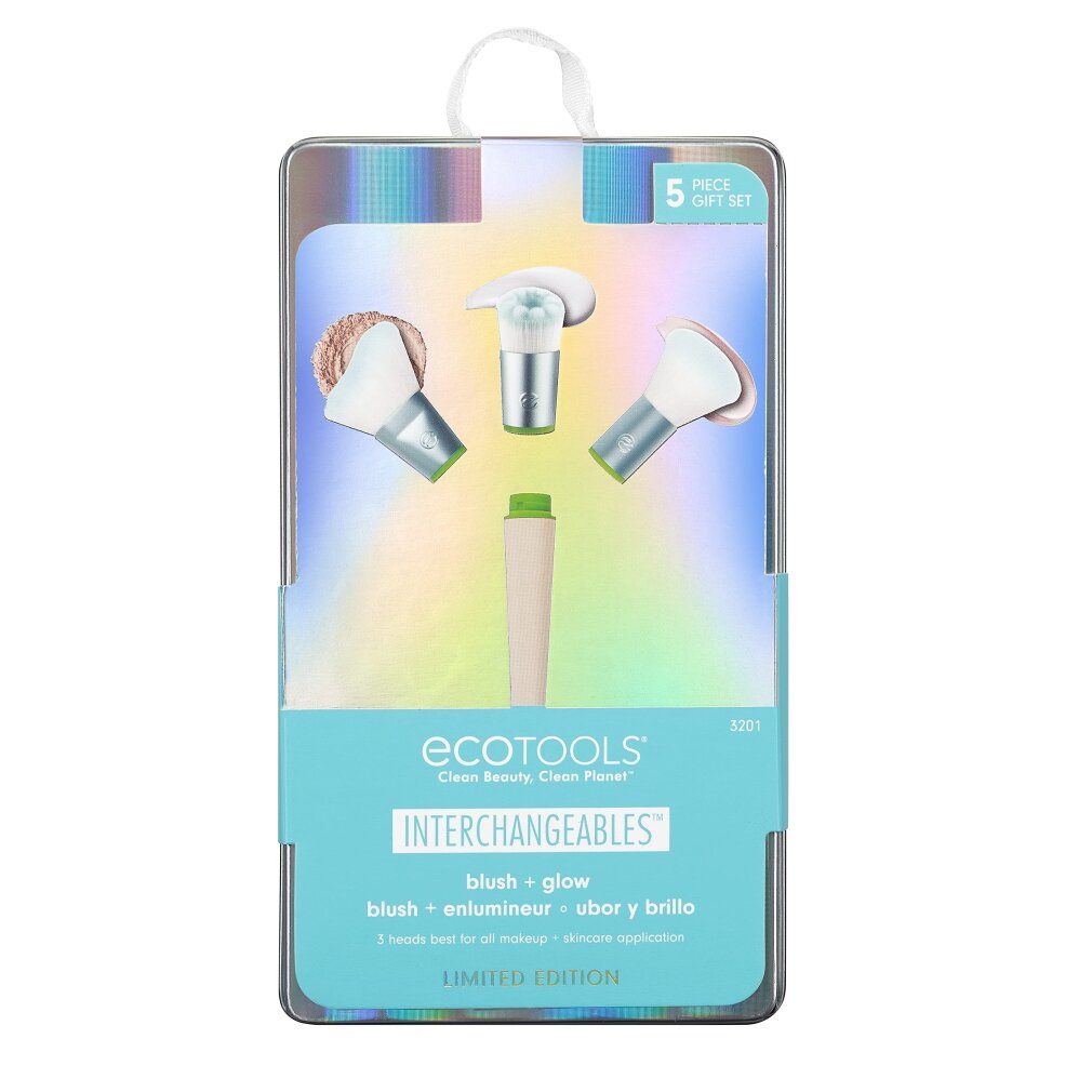 Set mit 5 austauschbaren Make-up-Pinseln in einer transparenten Verpackung. Enthält Pinsel für Rouge und Glanz. Marke Ecotools.