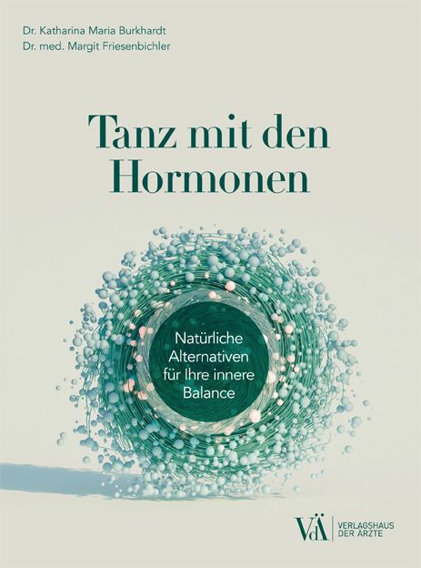 Buchcover: "Tanz mit den Hormonen". Titel in grüner Schrift. Darunter ein abstraktes, rundes Design mit grünen und blauen Elementen.