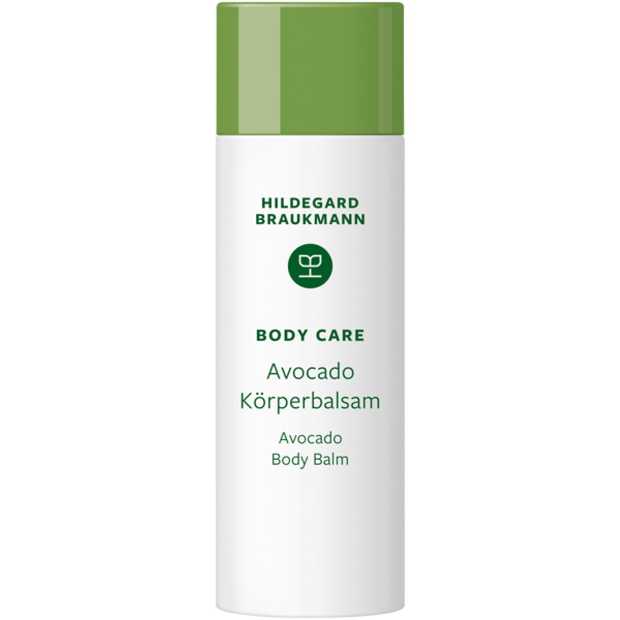 Körperbalsam mit grünem Deckel. Aufschrift: Hildegard Braukmann, Body Care Avocado Körperbalsam.