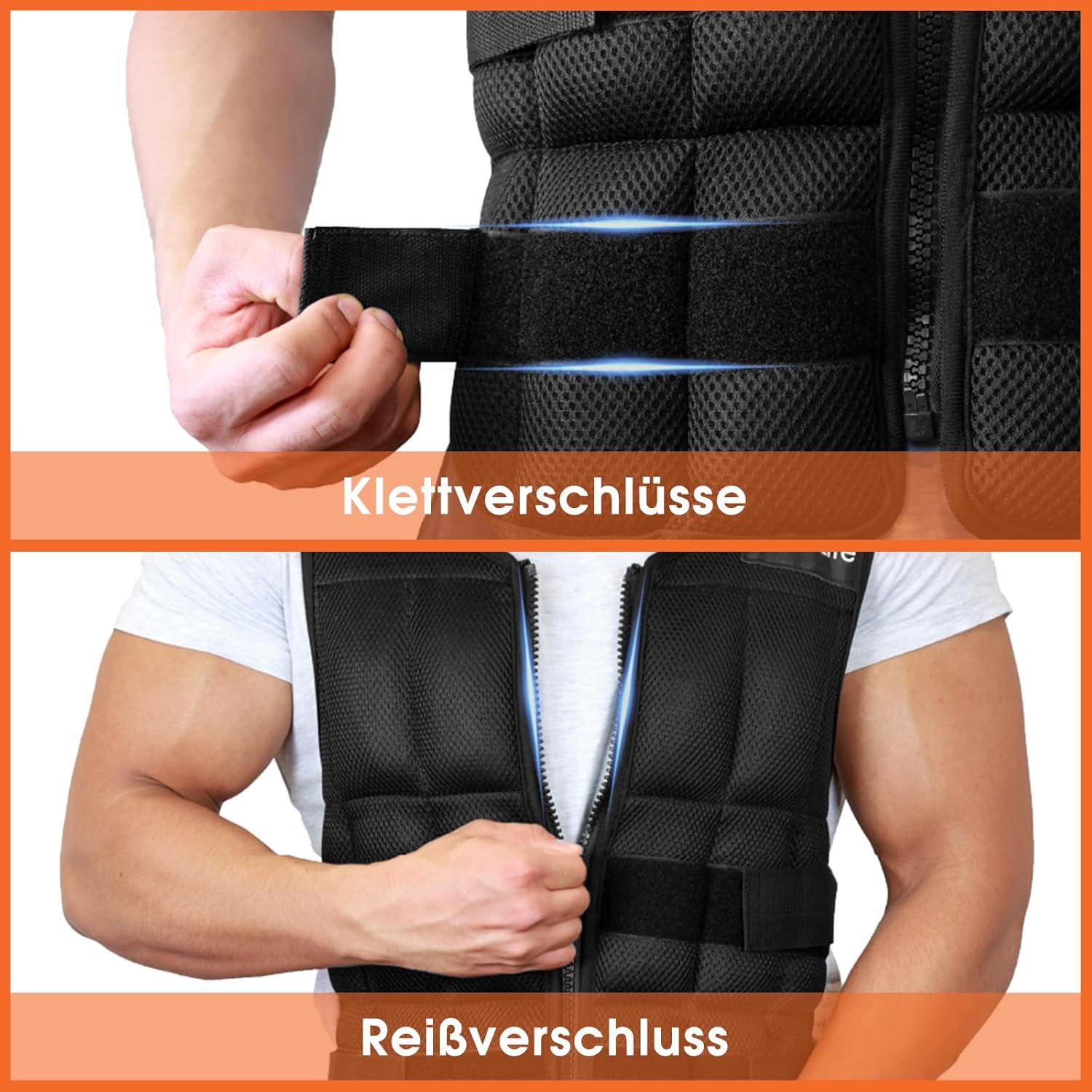 Nahaufnahme der Gewichtsweste. Klettverschlüsse und Reißverschluss. Schwarzes Material.