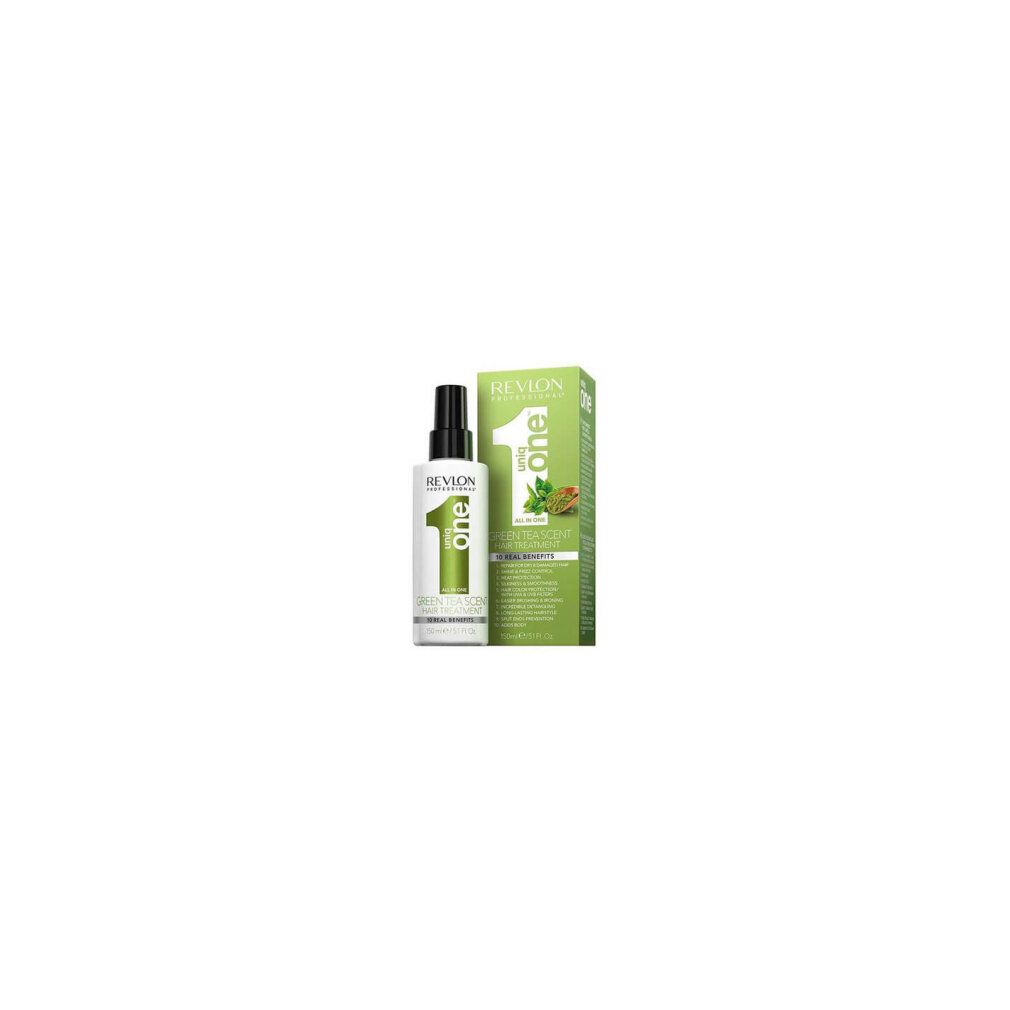 Produktverpackung: Flasche und Schachtel. Aufschrift: Revlon Uniq One Green Tea Hair Treatment. Grünes Logo.