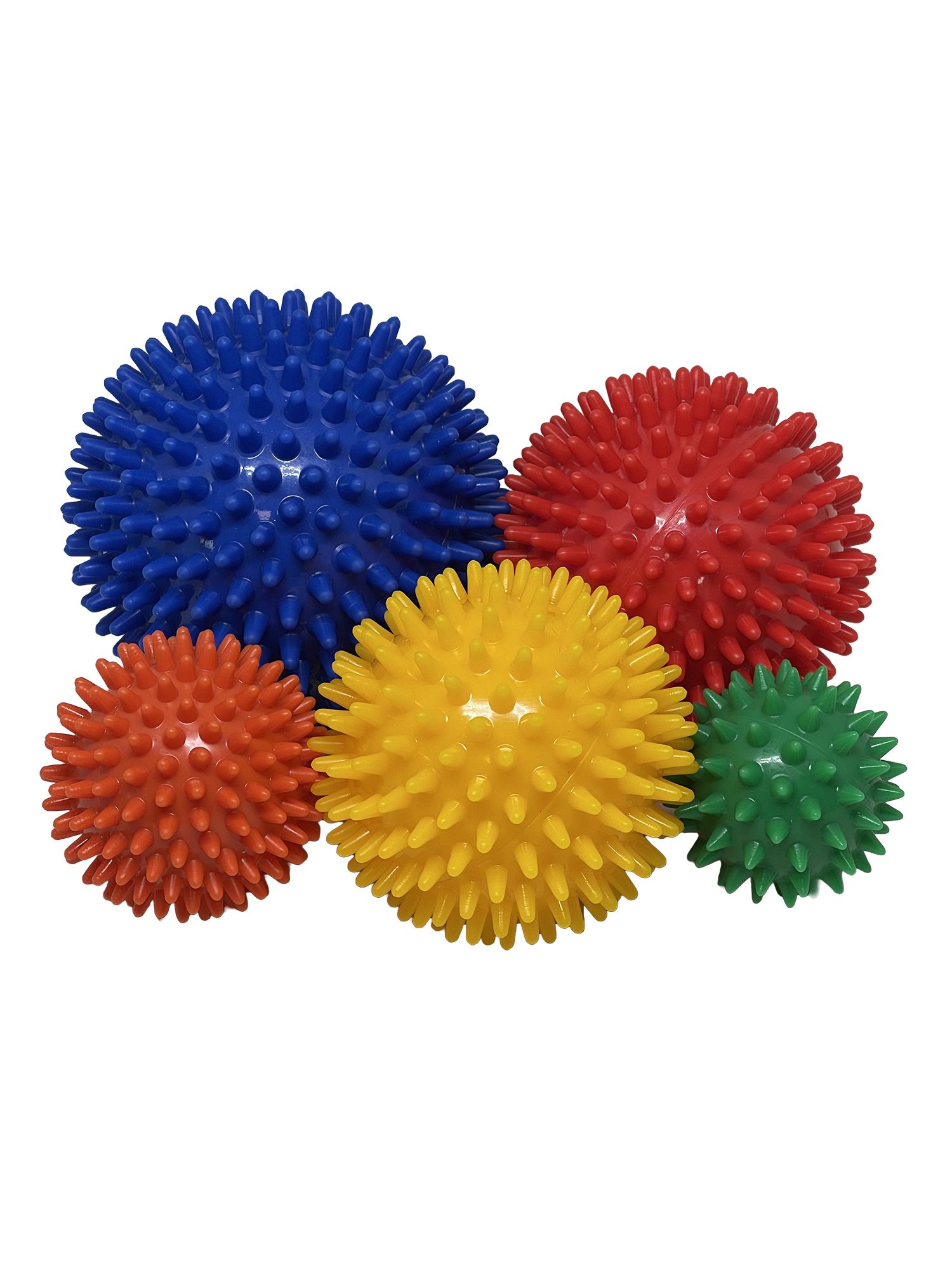 Fünf farbige Igelbälle: blau, rot, gelb, orange und grün. Kugelförmig mit Noppen. Wellness-Produkt.