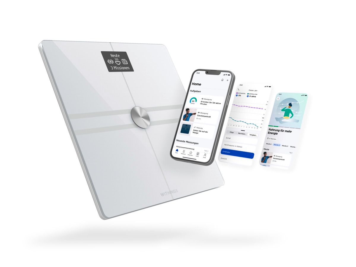 Weiße Personenwaage mit Display und Smartphone. Smartphone zeigt App-Screens. Mitings Logo auf Waage.