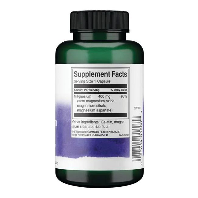 Rückseite einer grünen Flasche. Weißes Etikett mit Nährwertangaben. Magnesium 400 mg. Zutaten: Gelatine, Magnesiumstearat, Reismehl.