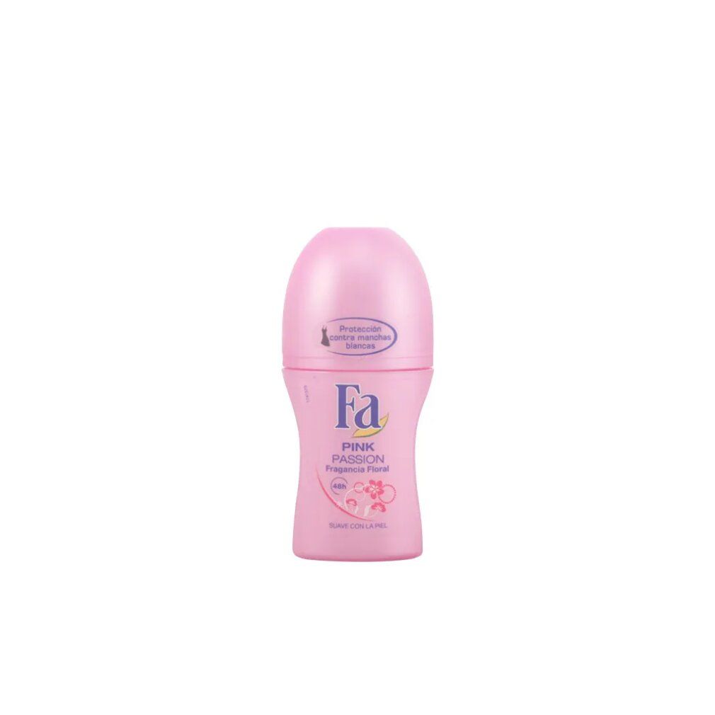 Rosa Roll-on-Deodorant. Rosa Deckel. Aufschrift: Fa Pink Passion, Floral Scent, 48h. Mit „Protezione antimacchia bianca“.