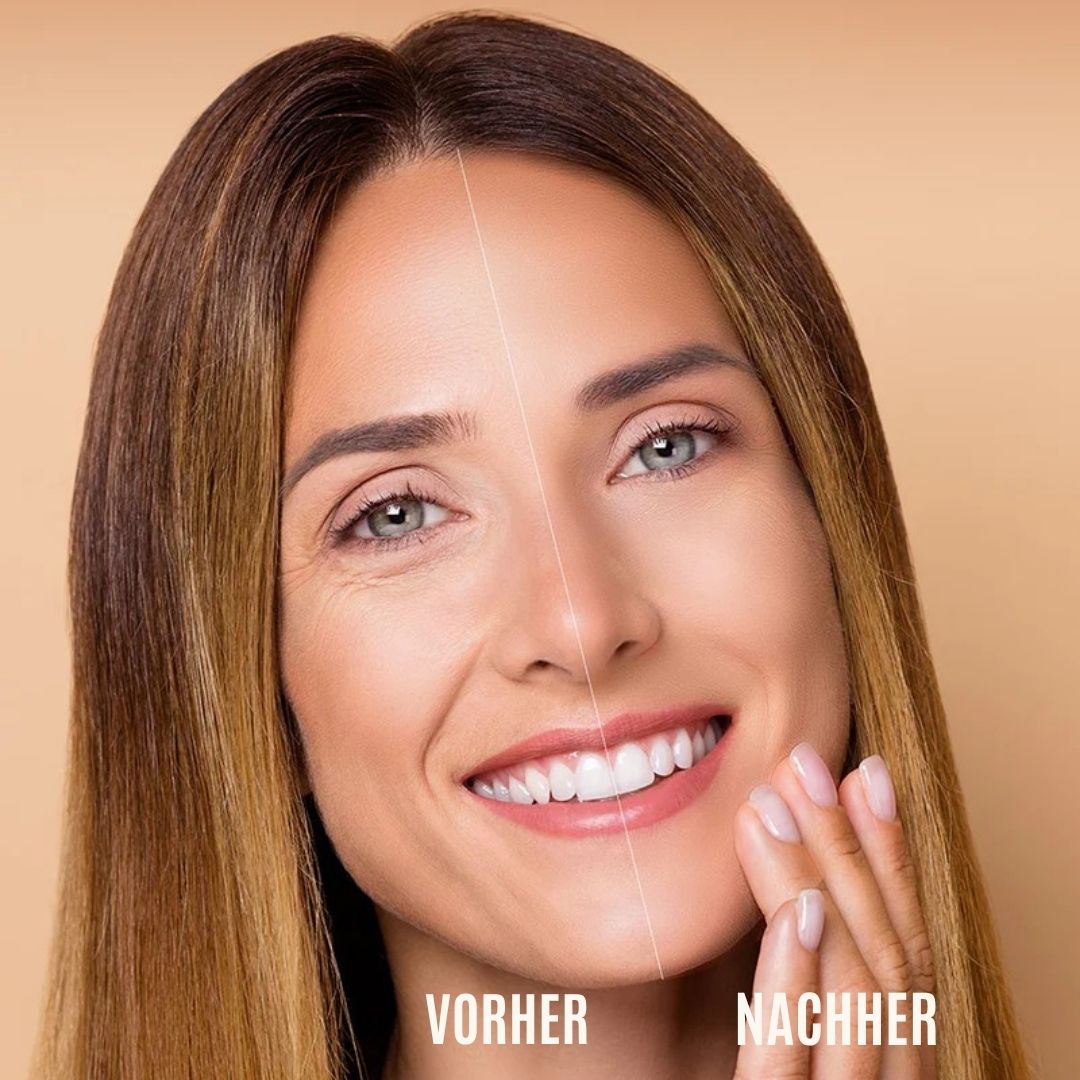 Vorher-Nachher-Vergleich. Frau mit Falten auf der linken Seite, glatte Haut auf der rechten Seite. Text: Vorher, Nachher.