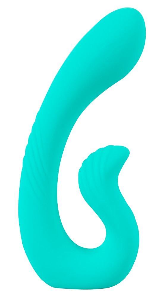 Türkisfarbener Vibrator mit geschwungener Form. Eine Seite mit Rillen.