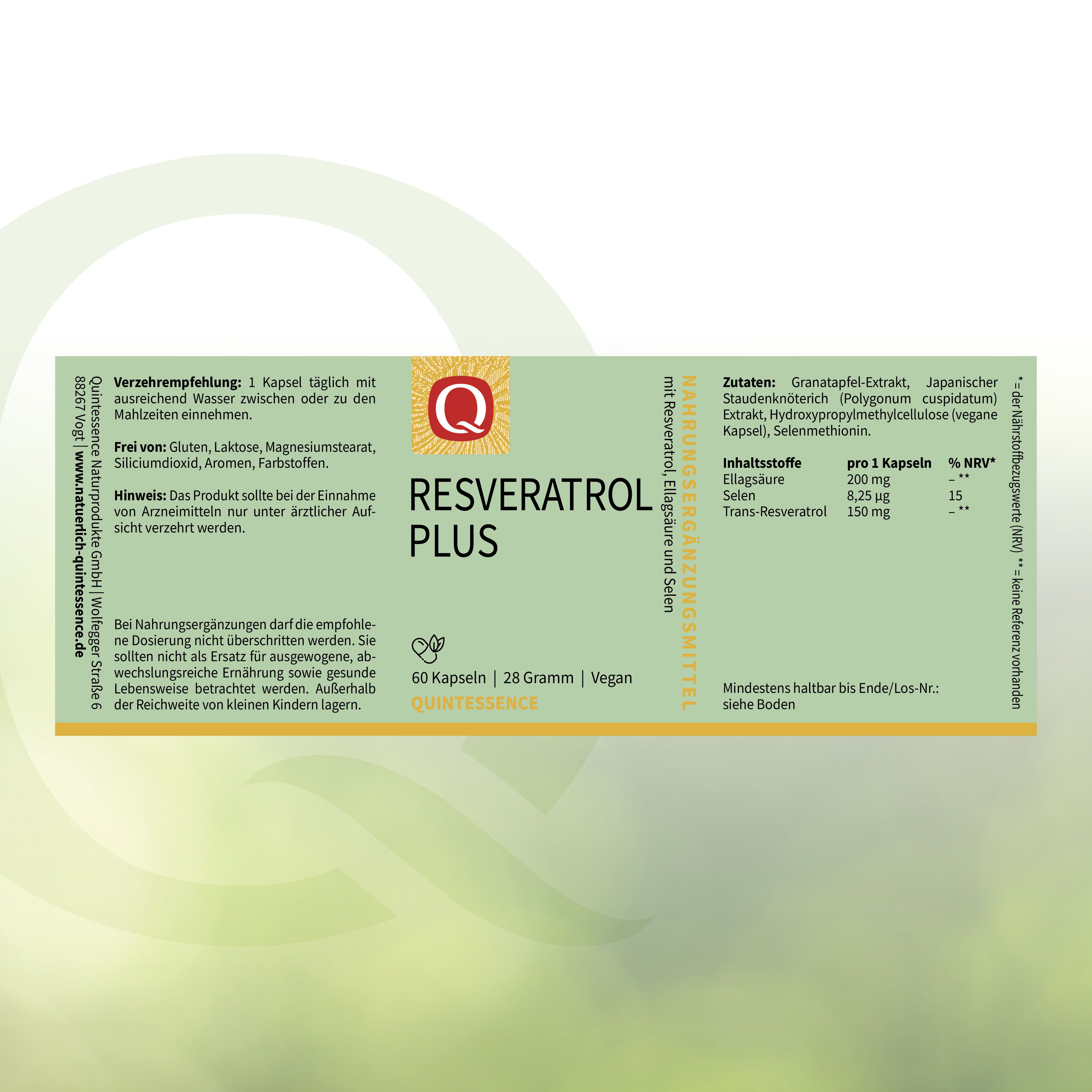 Etikett mit "Resveratrol Plus" und "Quintessence". 60 Kapseln, 28 Gramm. Inhaltsstoffe und Verzehrempfehlung.