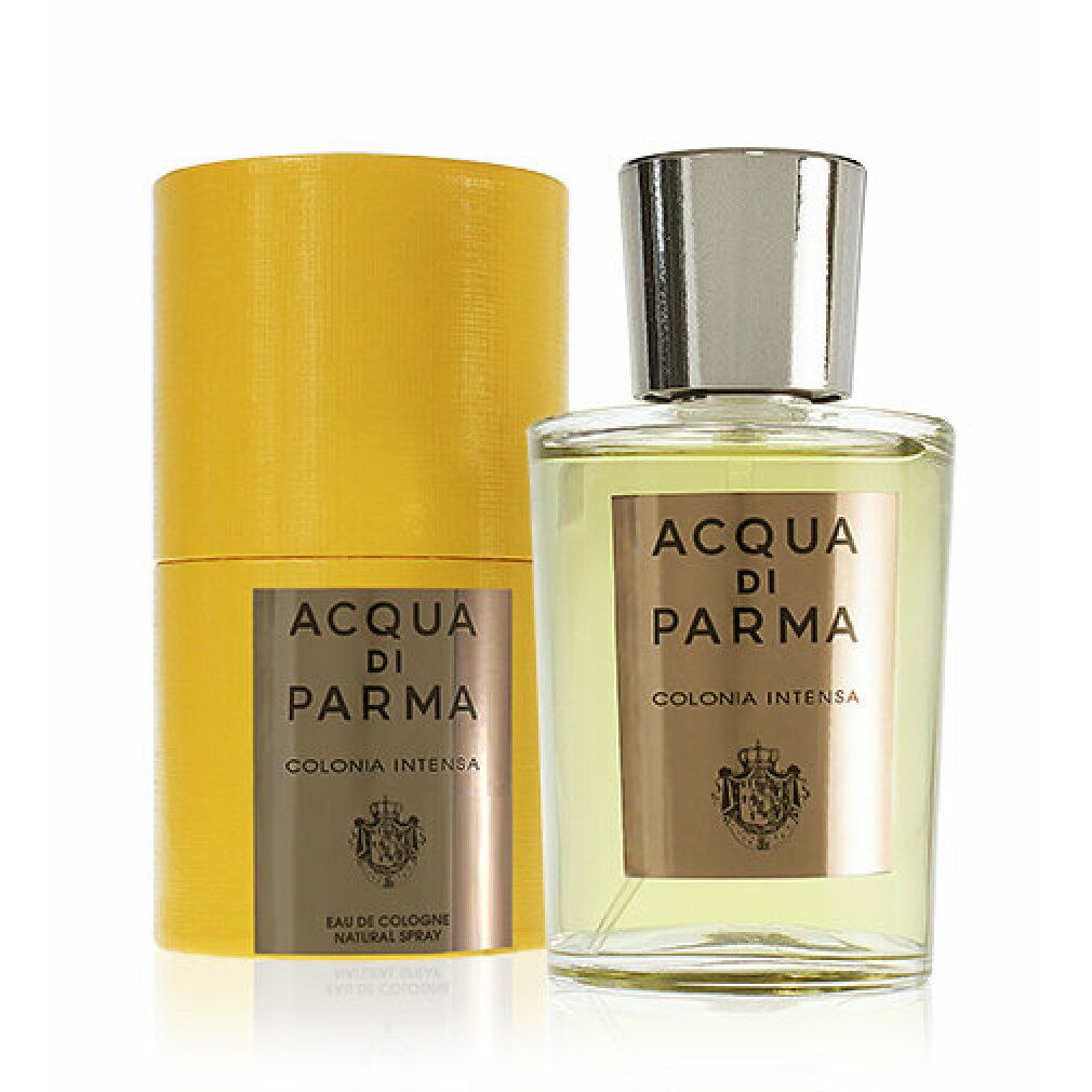 Acqua di Parma Colonia Intensa Eau de Cologne Spray. Flakon mit silbernem Verschluss und gelber Verpackung. Produktname deutlich sichtbar.