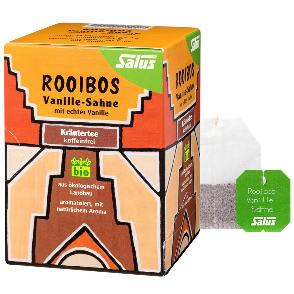 Karton Salus® Rooibos Vanille-Sahne Kräutertee mit Teebeutel. Bio-Siegel. Aufschrift: koffeinfrei, mit echter Vanille, aromatisiert mit natürlichem Aroma.