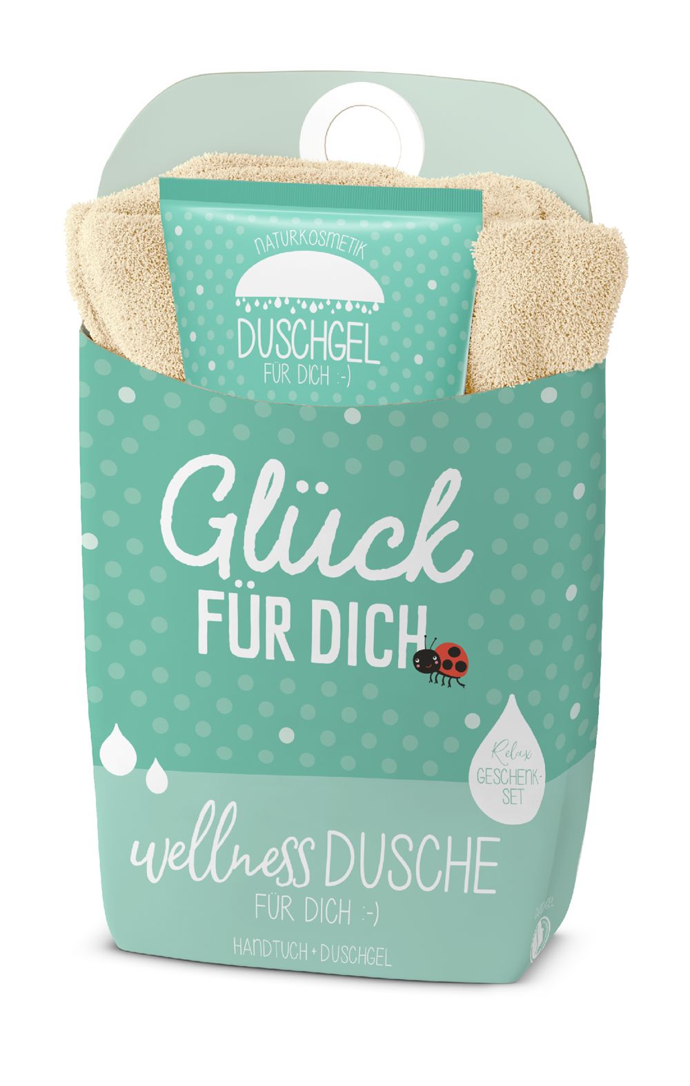 Geschenkset Wellnessdusche mit Handtuch und Duschgel. Türkis-weißes Design mit Aufschrift "Glück für dich".