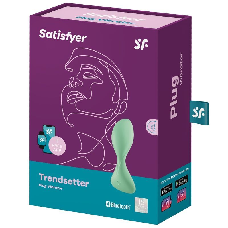 Verpackung mit Produktabbildung. Aufschrift: Satisfyer, Trendsetter Plug Vibrator. Bluetooth-Logo.