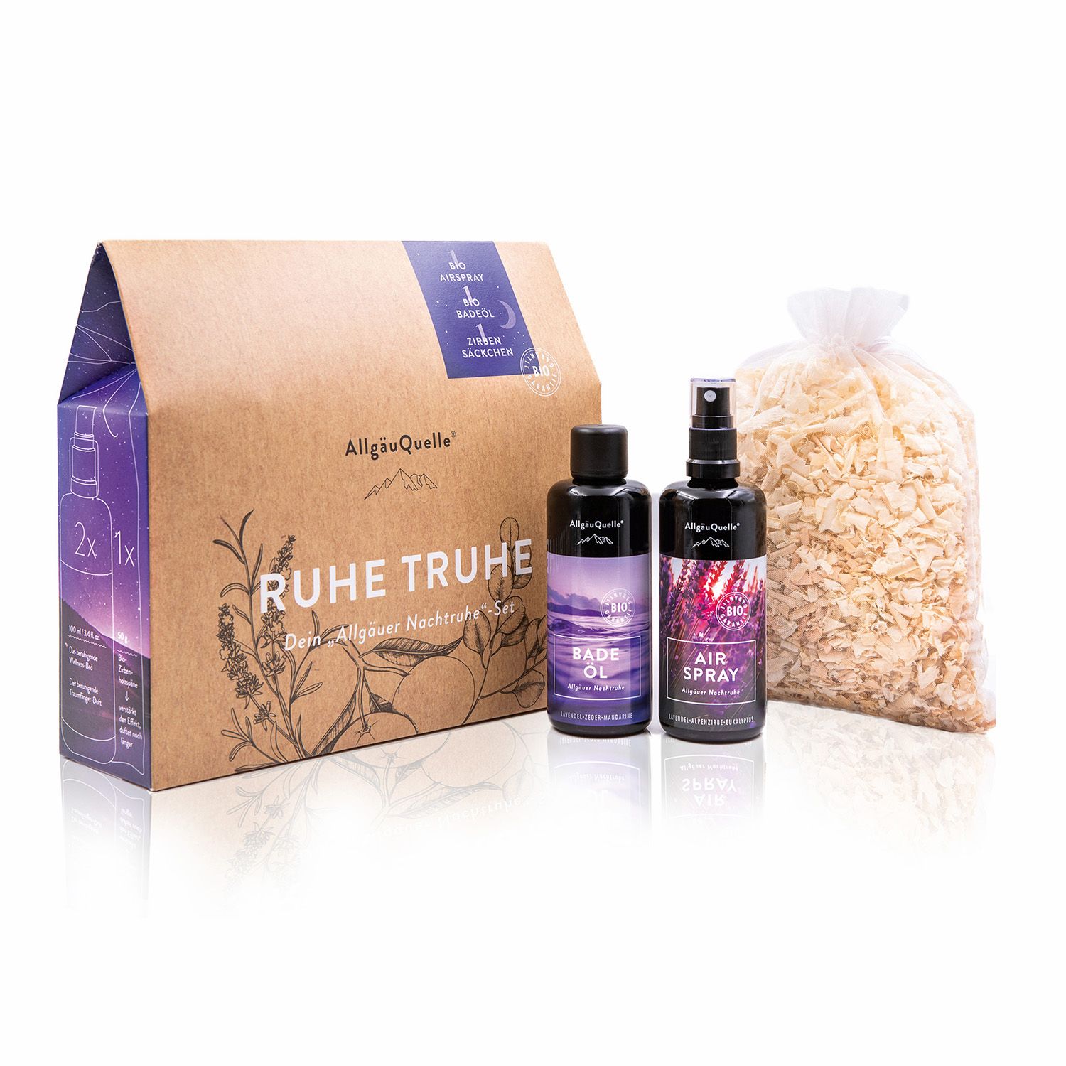 AllgäuQuelle Bio Geschenk-Set Bio Öl Lavendel Eukalyptus mit Raumspray, Badeöl, Zirben-Säckchen