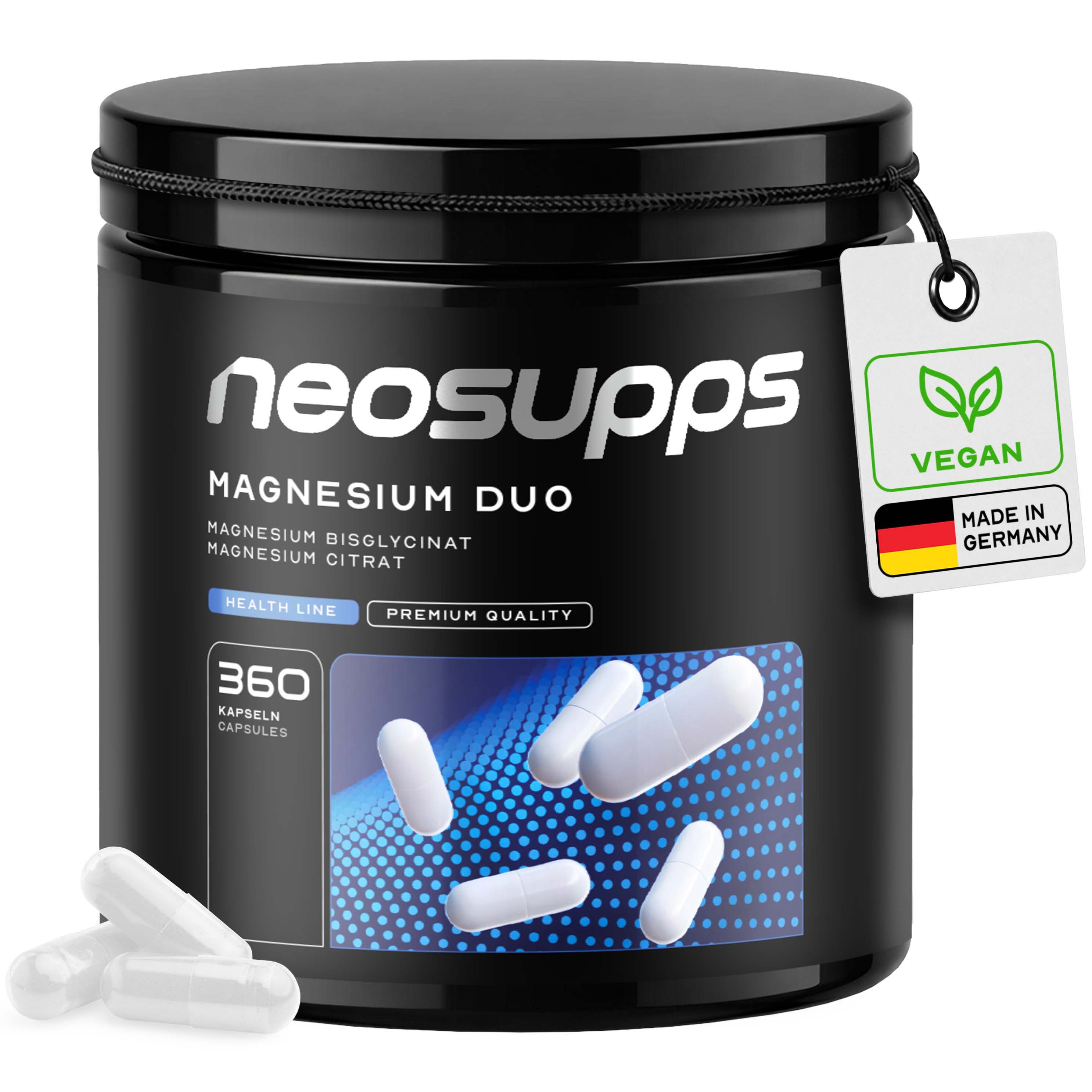 Neosupps Magnesium Duo, 360 Kapseln, Bisglycinat Citrat Komplex, Vegan, 6 Monate Vorrat St Kapseln