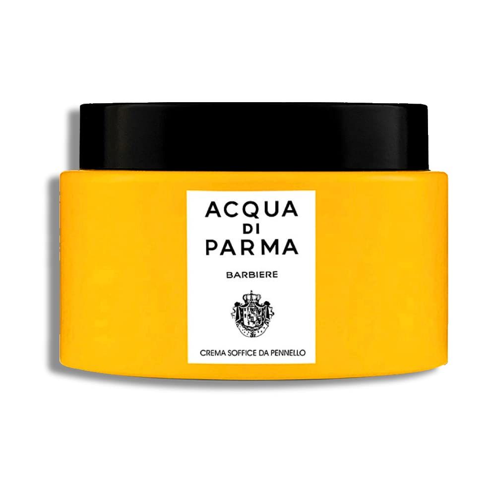 Gelbe Dose mit schwarzem Deckel. Aufkleber mit "Acqua di Parma Barbiere" und Wappen.