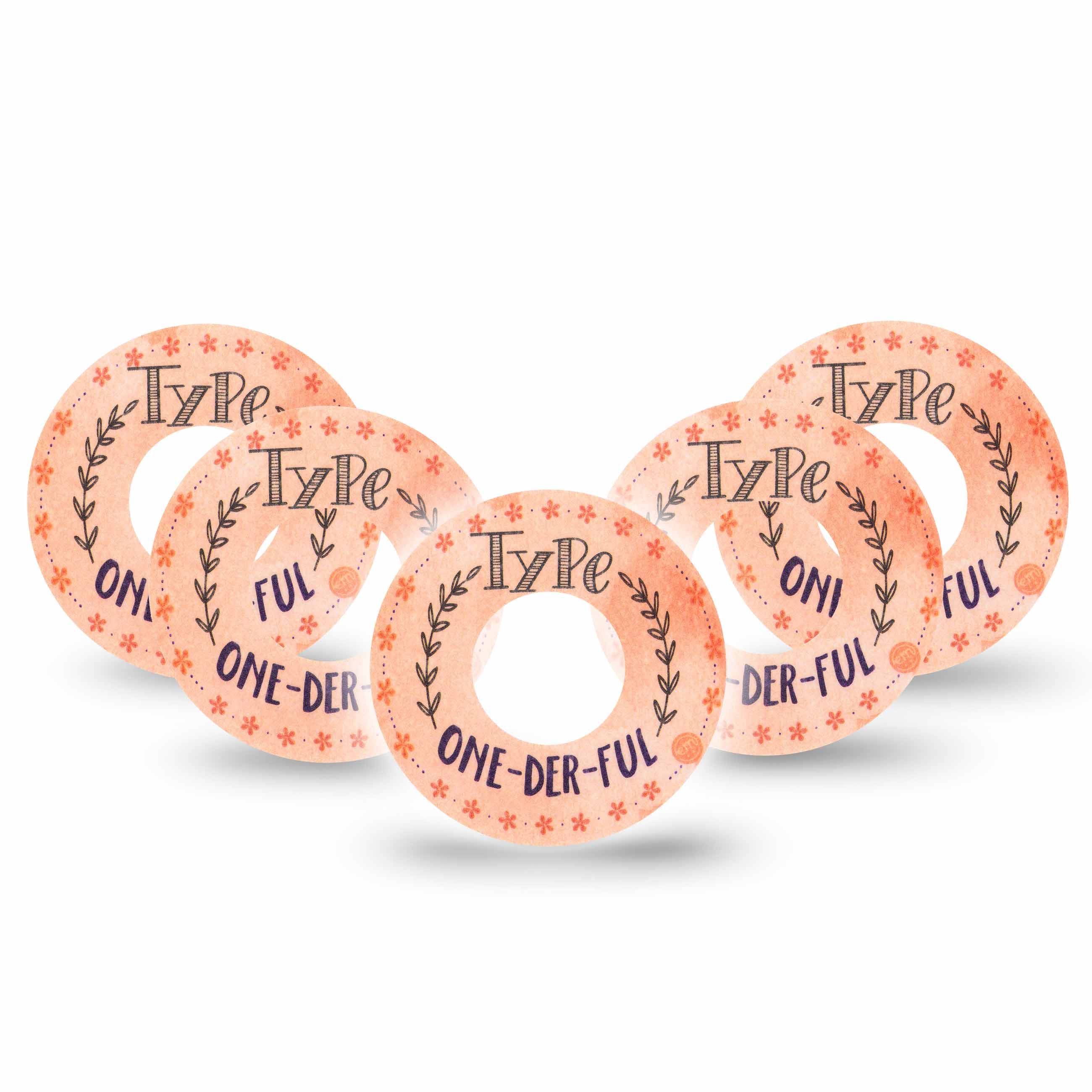 Fünf runde, orangefarbene Aufkleber mit floralem Muster und Text: "TYPE ONE-DER-FUL".