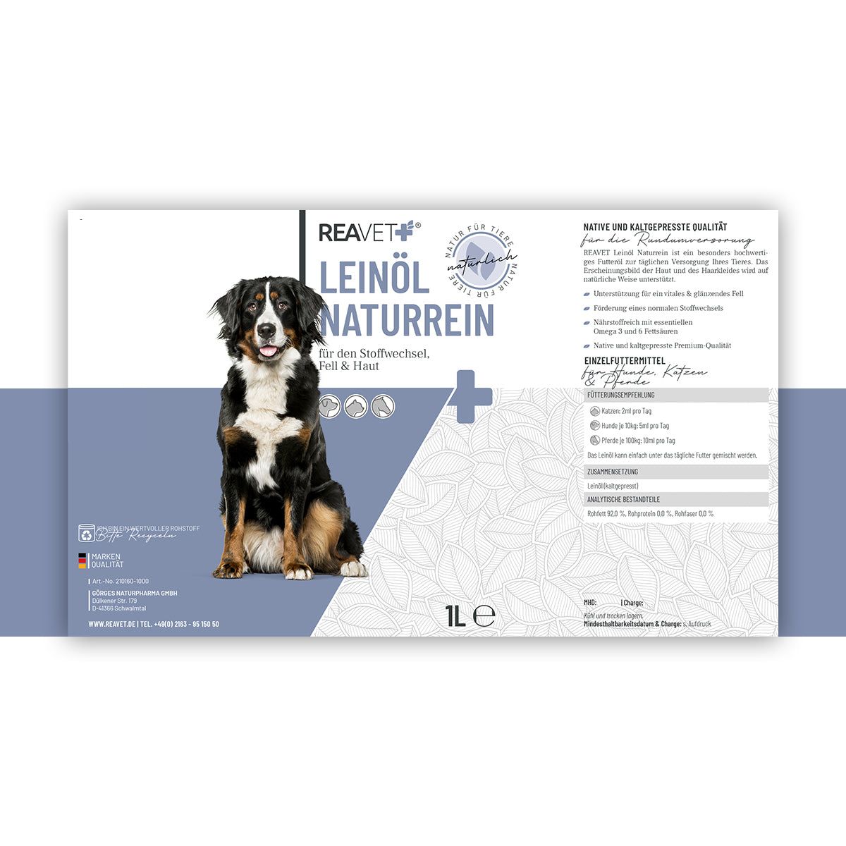 Produktverpackung mit Hund, Leinöl-Aufschrift, 1L-Markierung. Text: Naturrein für Fell & Haut.