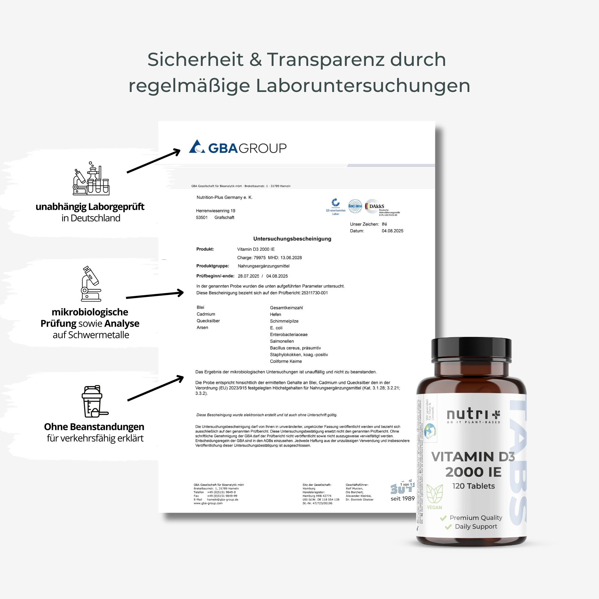 Zertifizierungsdokument. Unabhängige Laborprüfung, mikrobiologische Prüfung, ohne Beanstandungen, Vitamin D3 2000 IE.
