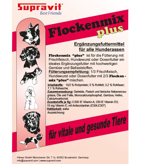 Werbeplakat für Flockenmix. Marke: Supravit Best Friends. Text: Ergänzungsfuttermittel für alle Hunderassen. Fütterungsempfehlung.