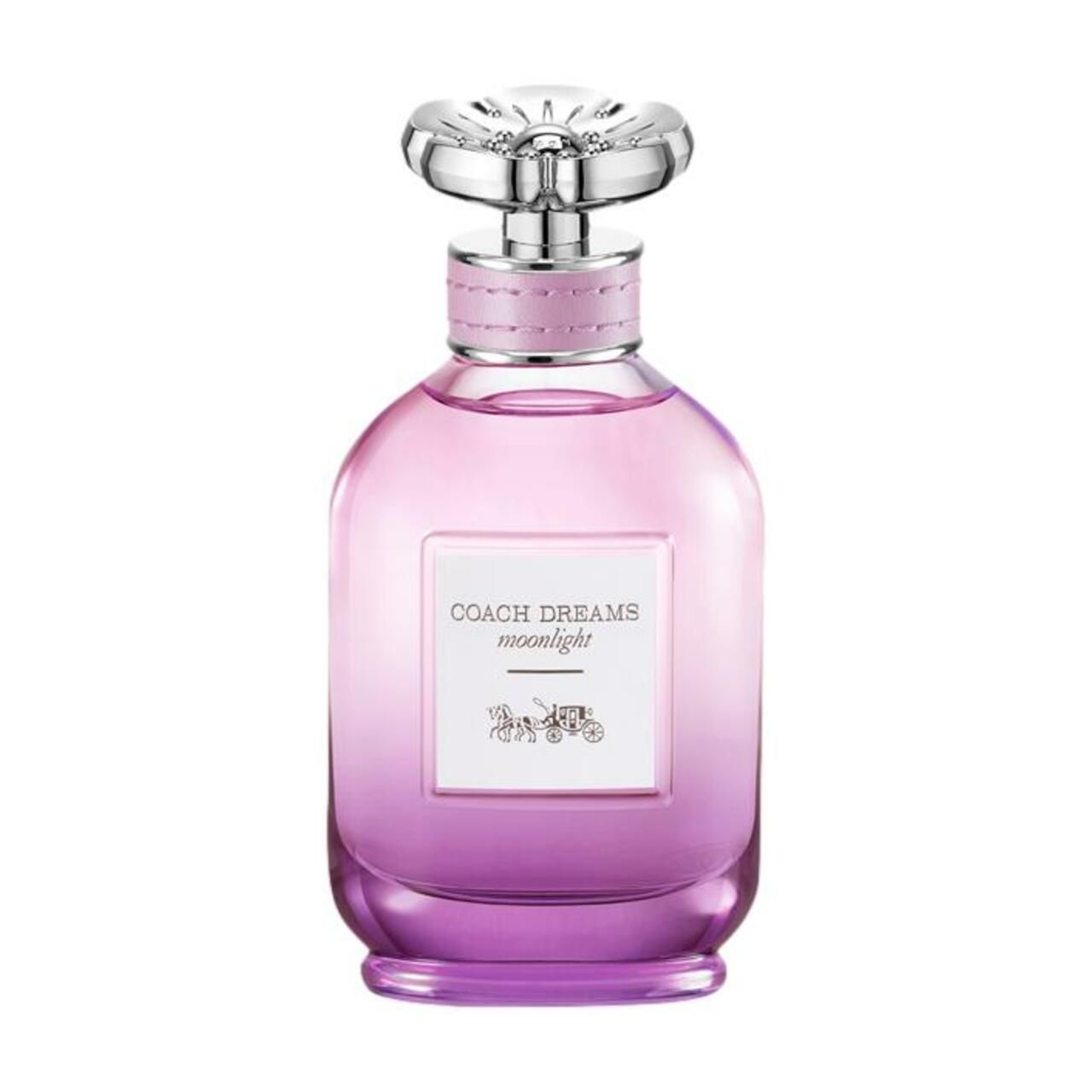 Coach Dreams Moonlight Eau De Parfum Spray. Flakon mit rosa-lila Farbverlauf. Silberner Sprühkopf. Aufschrift: COACH DREAMS moonlight.