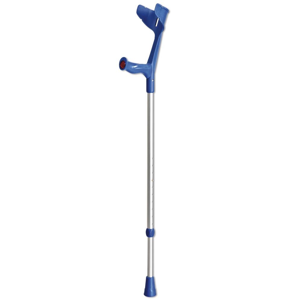 Blau-silberne Unterarmgehstütze. Anatomischer Griff, Armauflage. Höhenverstellbar. Gummifuß.