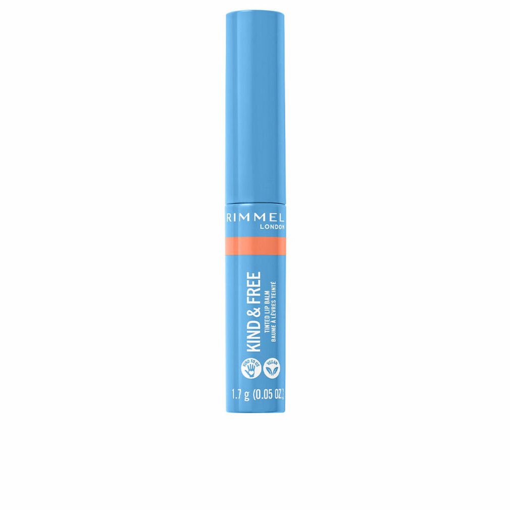 Blau-orangener Lippenbalsam-Stift. Text: Rimmel London, KIND & FREE. 1,7 g.