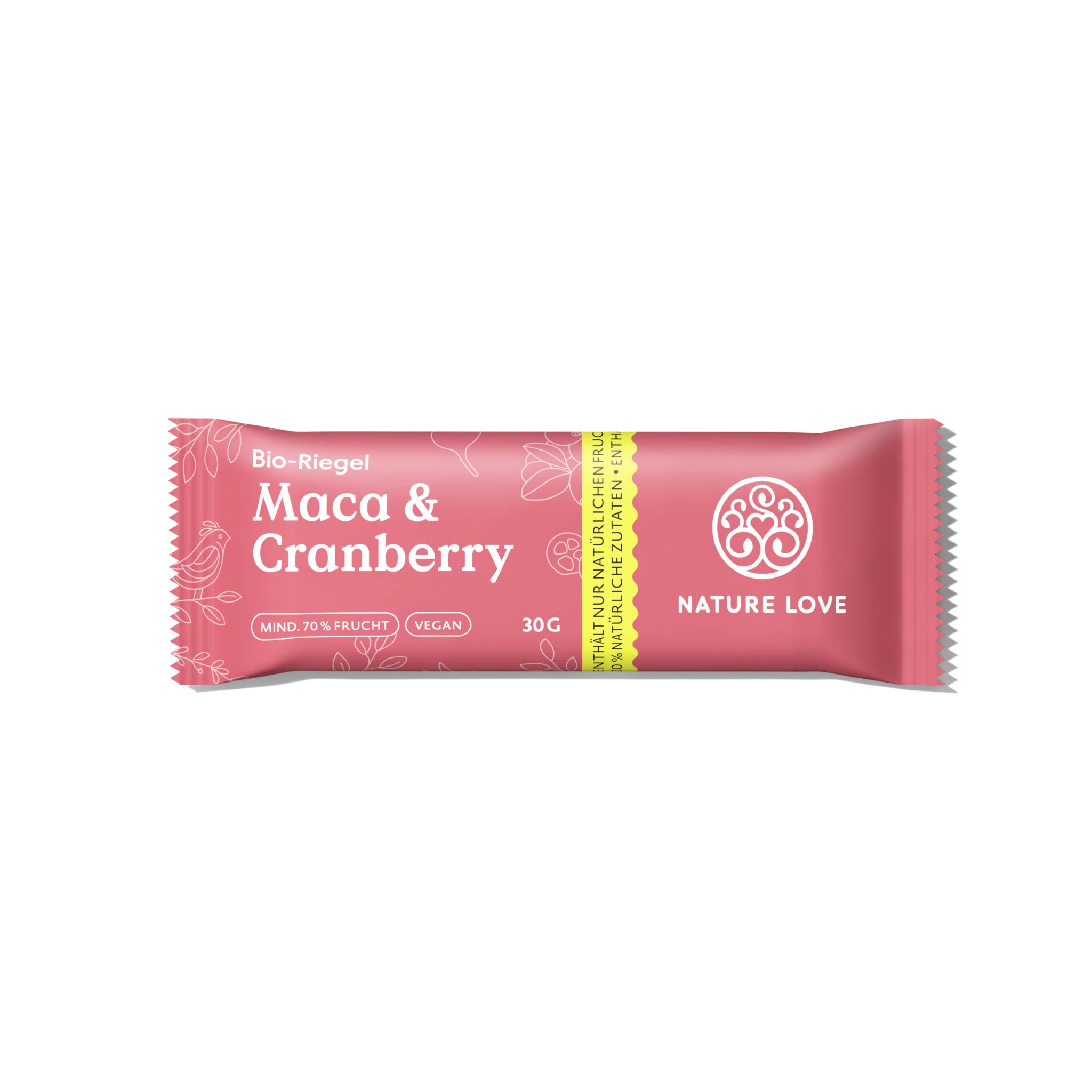 Rosa verpackter Bio-Riegel mit Aufschrift "Maca & Cranberry". Marke NATURE LOVE. Enthält 30g. Vegan.