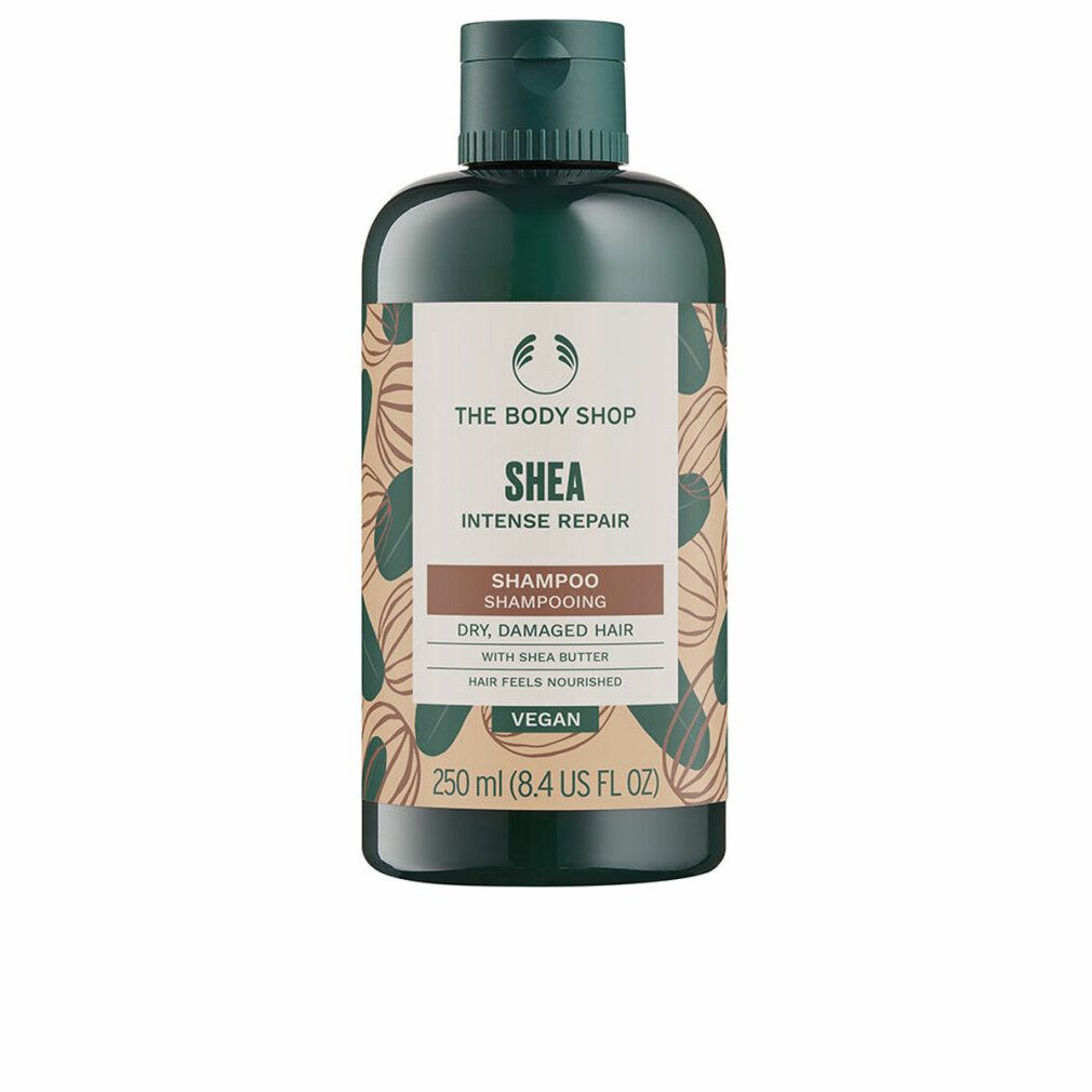 Grüne Shampoo-Flasche mit braunem Etikett. Aufschrift: Shea, Intense Repair, Shampoo, für trockenes, geschädigtes Haar. Vegan.