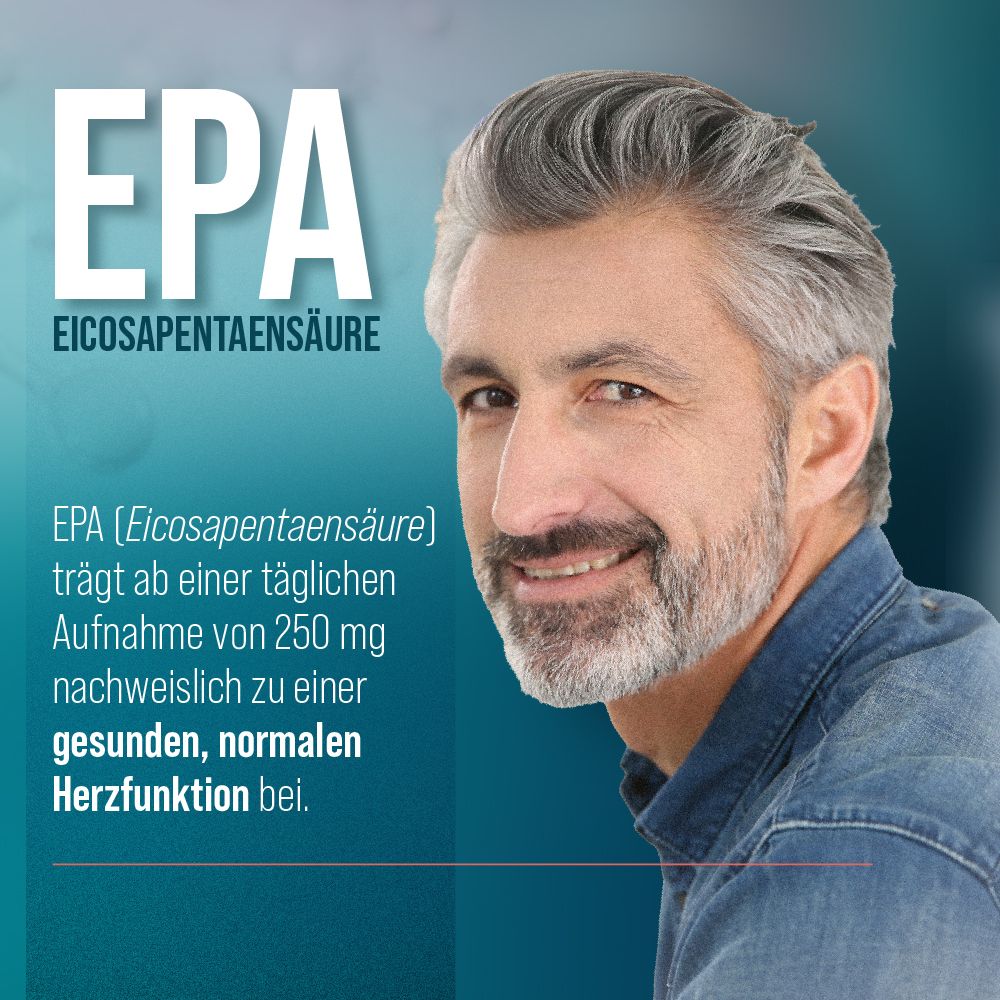 Lächelnder Mann mit grauem Haar und Bart. Text "EPA EICOSAPENTAENSÄURE".