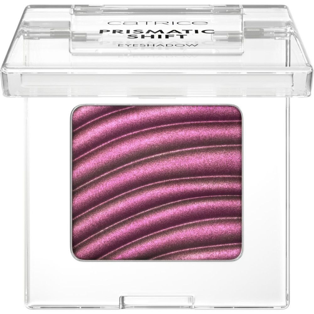 Quadratischer Lidschatten in transparentem Behälter. Aufschrift: Catrice, Prismatic Shift, Eyeshadow. Farbton: Rosa-Violett.