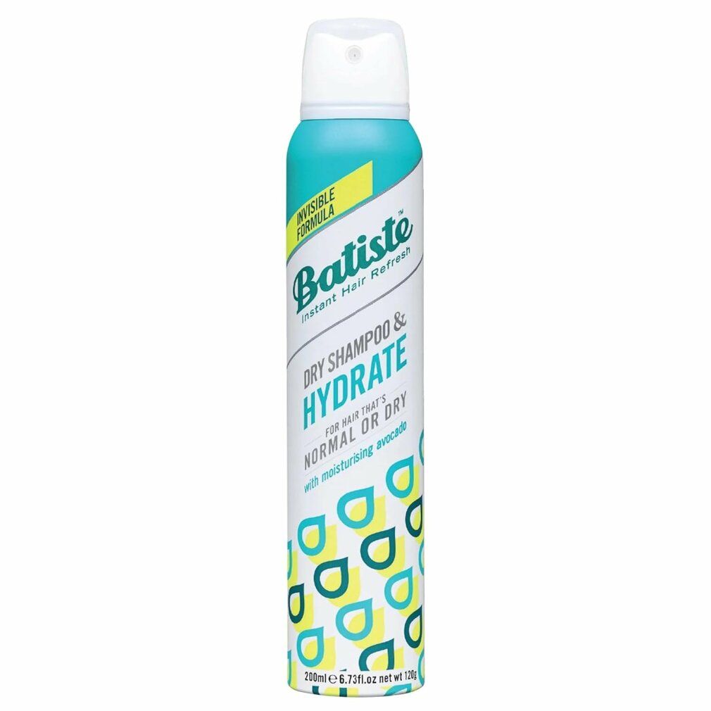 Batiste Trockenshampoo. Zylindrische Dose mit blau-gelbem Design. Text: Dry Shampoo & Hydrate. Für normales oder trockenes Haar.