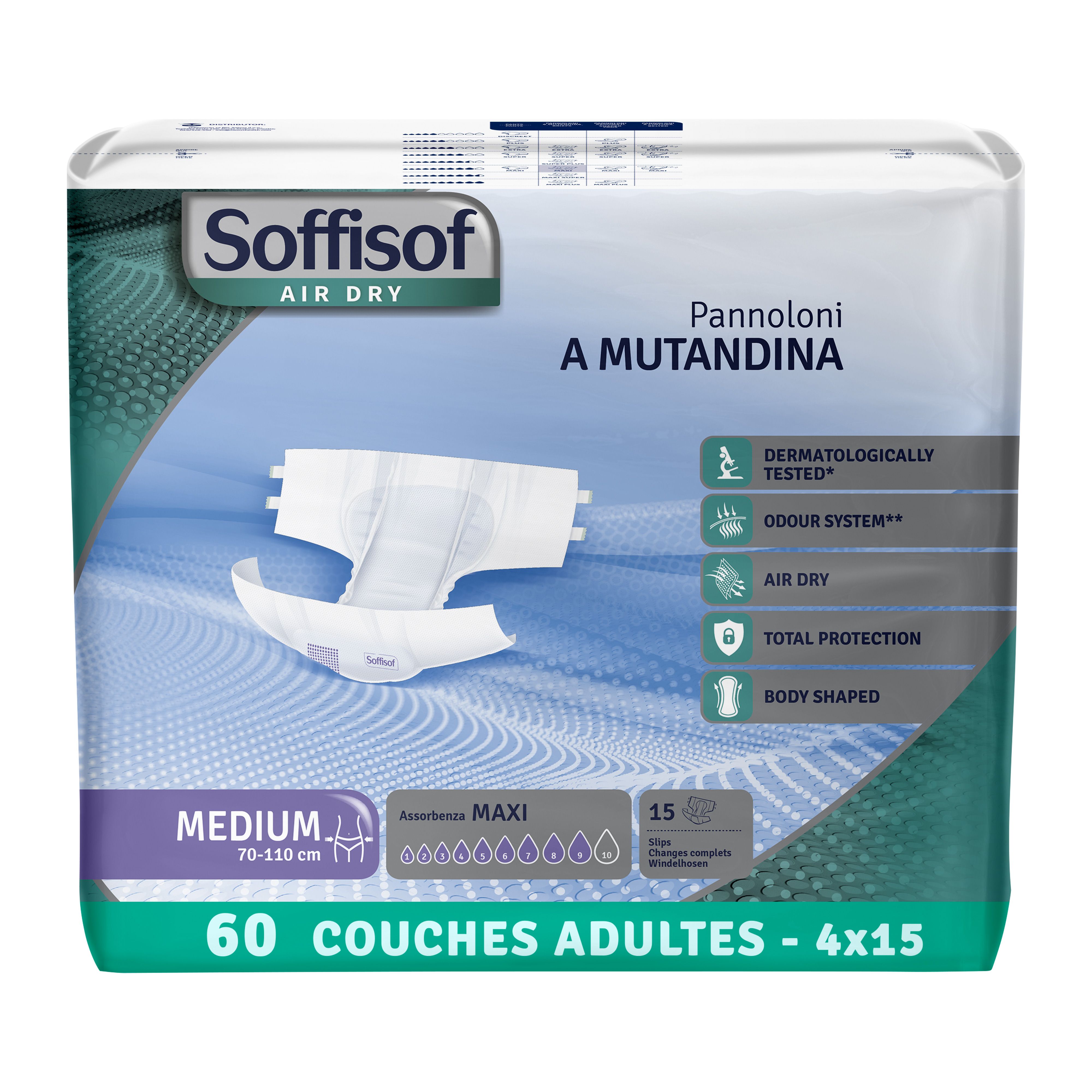 Paquet de couches pour adultes Soffisof Air Dry. Taille Medium, 70-110 cm, 60 couches. Caractéristiques.