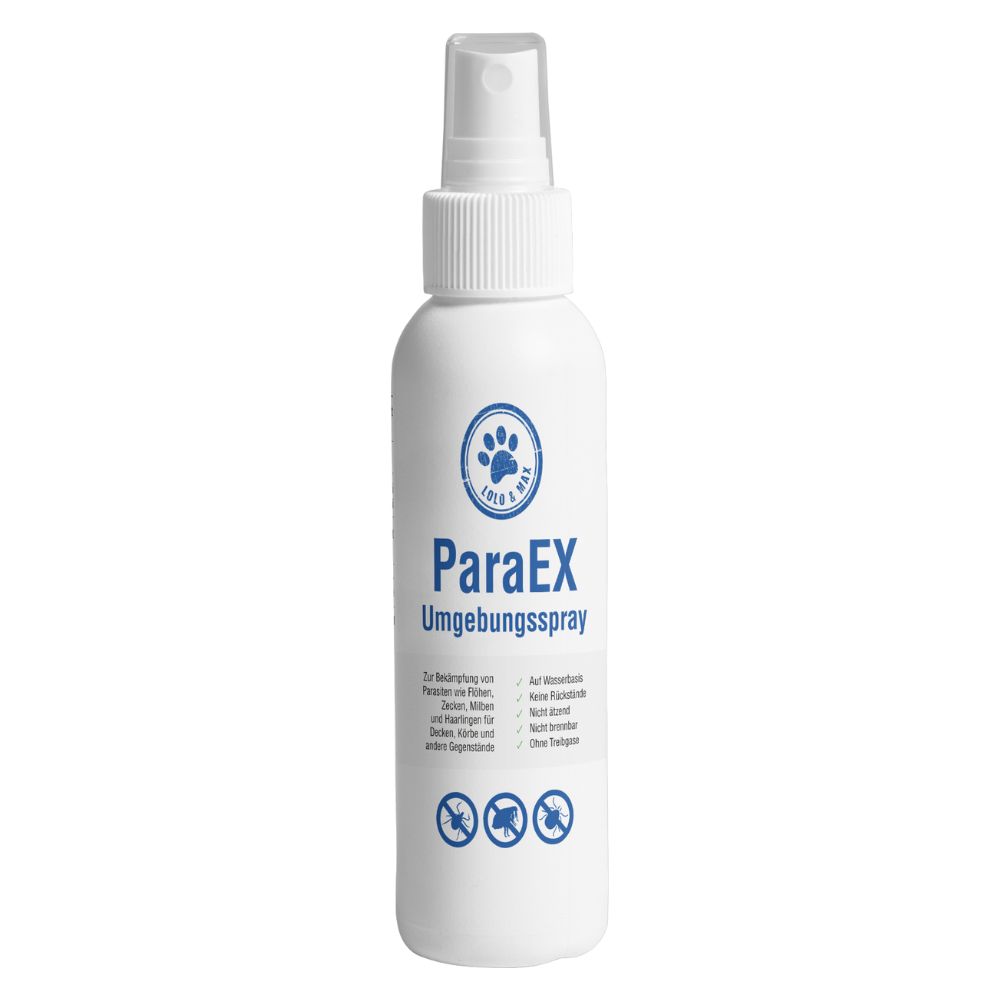 Weiße Sprühflasche mit blauem Logo und Schriftzug ParaEx Umgebungsspray. Mit Sprühkopf.