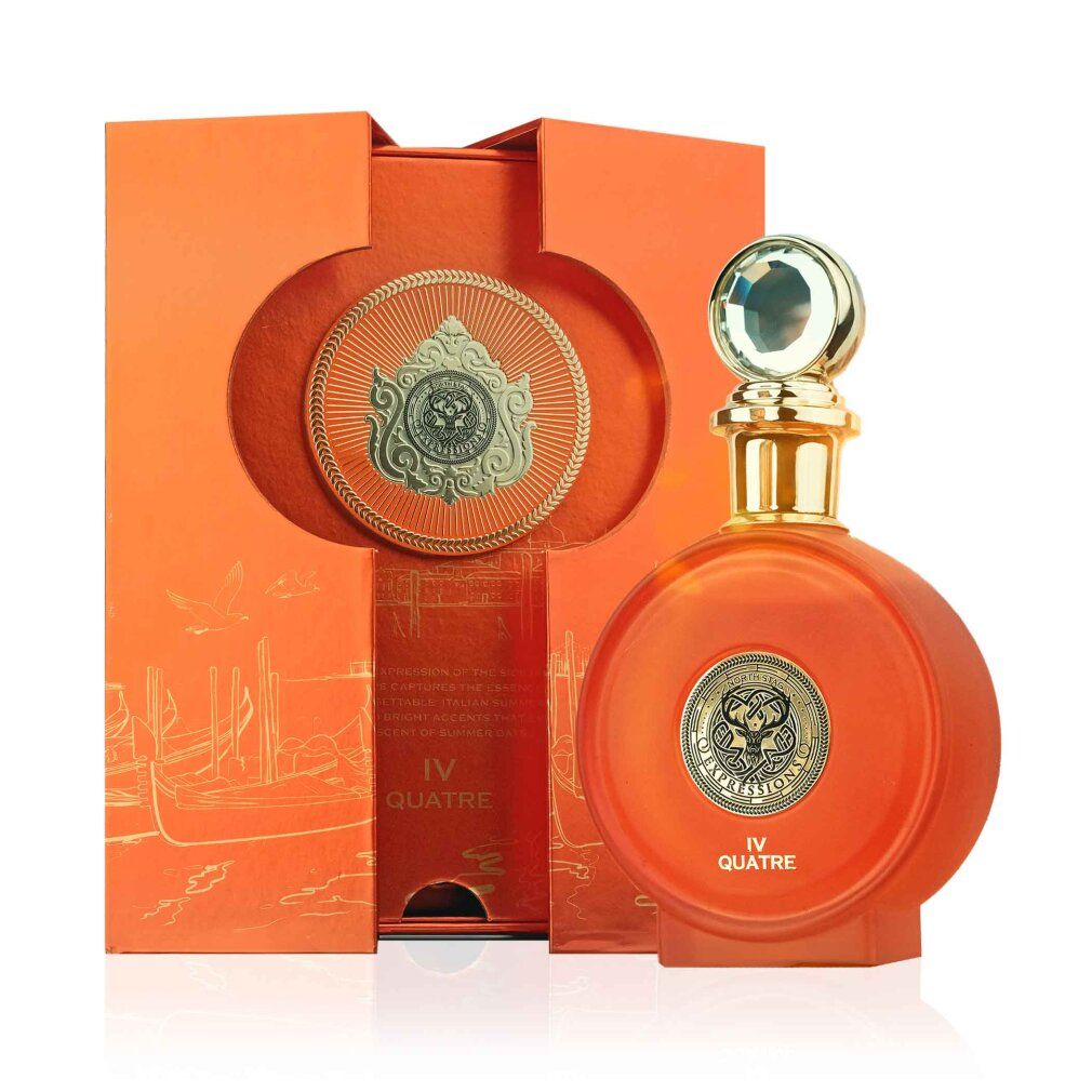 Runder Parfümflakon in Orange mit goldener Kappe und blauem Schmuckstein.