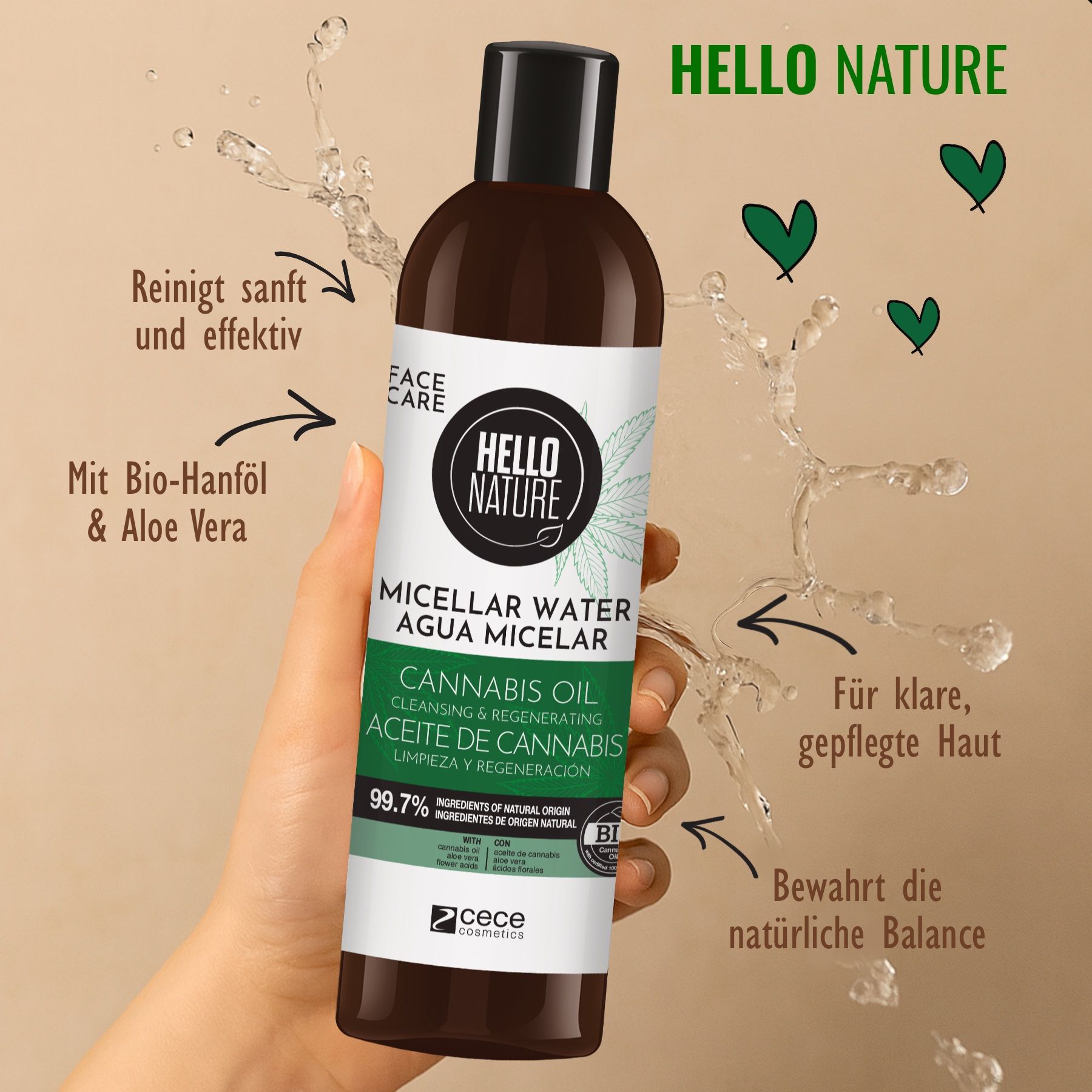 Hello Nature Make-up-Entferner Mizellenwasser  Cleanser Hanföl für Gesichtsreinigung
