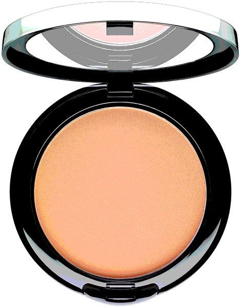 Offener Kompaktpuder mit hellbraunem Puder. Schwarzer Behälter mit silberfarbenem Rand und Deckel. Spiegel im Deckel.