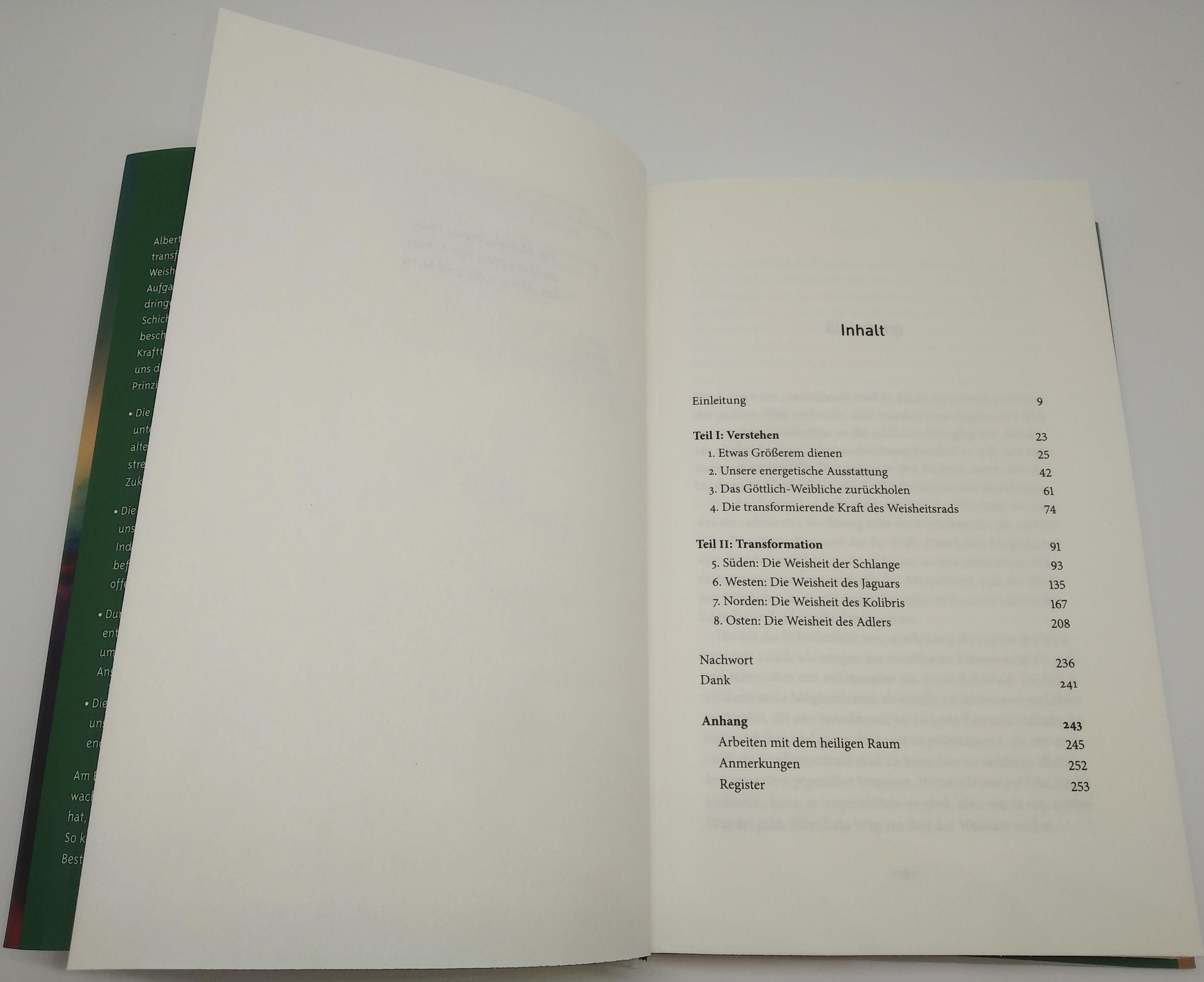 Buch "Das Weisheitsrad" geöffnet. Inhaltstabelle mit Überschriften und Seitenzahlen.