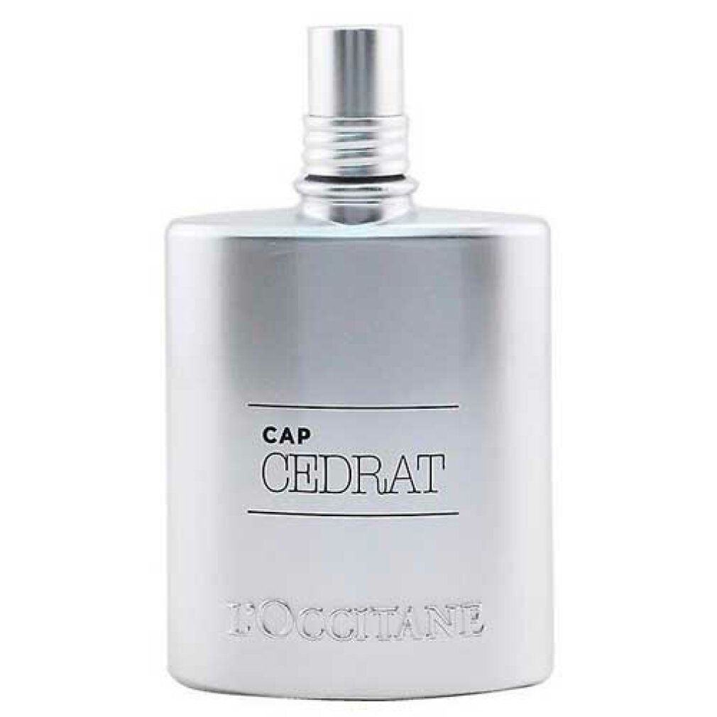 Silberfarbener Flakon mit Aufschrift CAP CEDRAT und L'Occitane. Zylindrischer Sprühkopf.