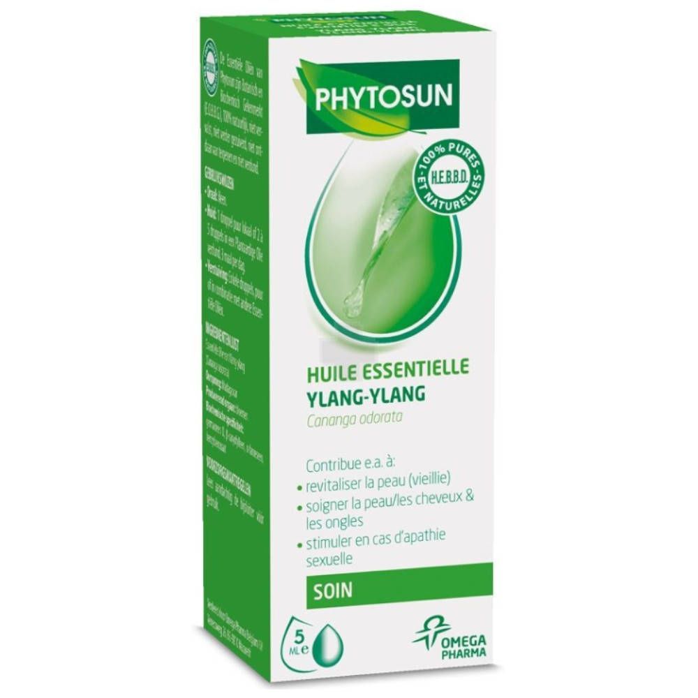 Boîte verte Phytosun Ylang-Ylang. Texte: Huile essentielle, 5 ml, Omega Pharma. Label: 100% pures & naturelles.