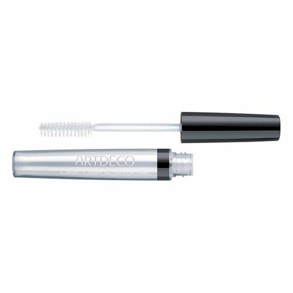 Klare Wimpern- und Augenbrauengel-Tube mit Bürste. Marke ARTDECO. Schwarzer Deckel, silberne Tube, transparente Bürste.