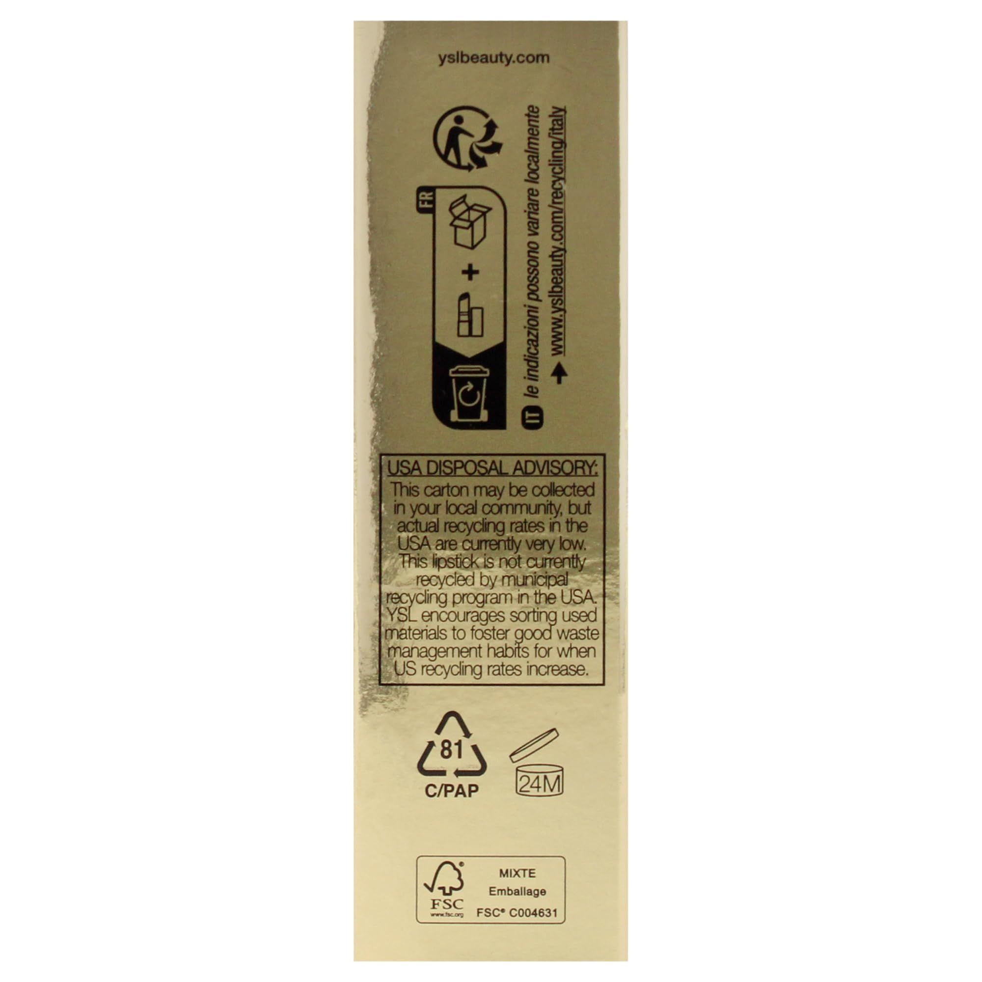 Rückseite einer goldfarbenen Verpackung. Text mit Informationen zur Entsorgung und Recycling.