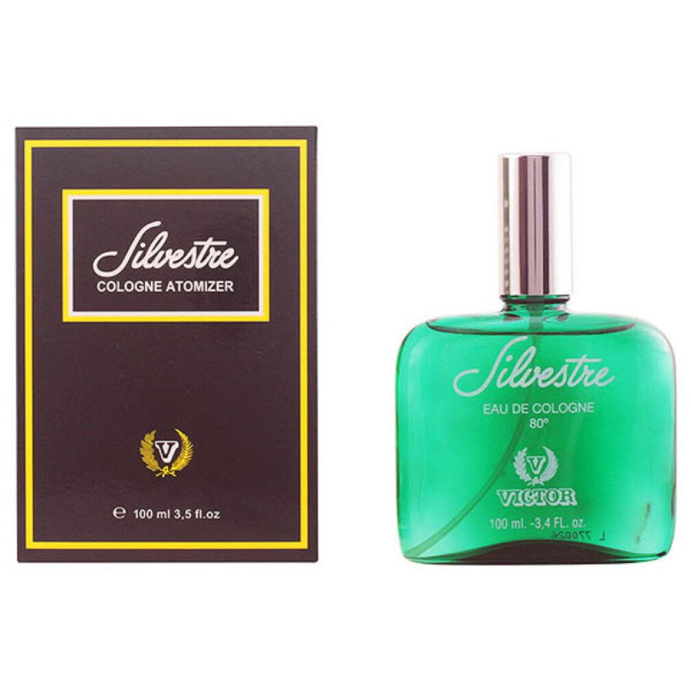 Grüne Glasflasche und Schachtel. Aufschrift Silvestre Eau de Cologne 80°. Braune Schachtel mit gelbem Rahmen und Logo.