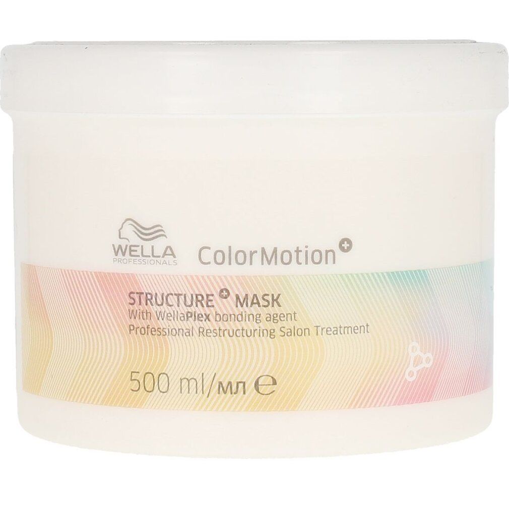 Weißer Tiegel mit Wella Color Motion Maske. Aufschrift: ColorMotion, Structure Mask, 500 ml. Farbverlauf auf dem Etikett.