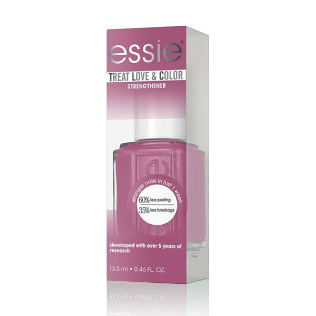 Essie Treat Love & Color Nagellack in Verpackung. Lila Flasche mit weißem Deckel. Aufschrift: stronger nails in just 1 week.