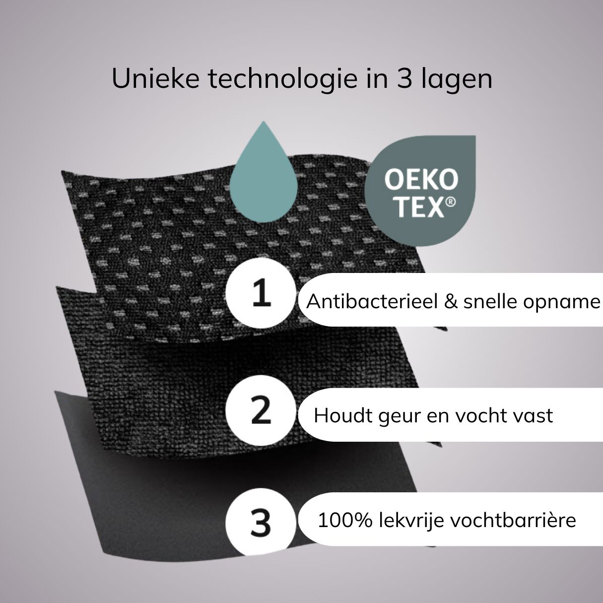 3-Schicht-Technologie mit antibakterieller, geruchsbindender und feuchtigkeitsabweisender Schicht. OEKO-TEX zertifiziert.