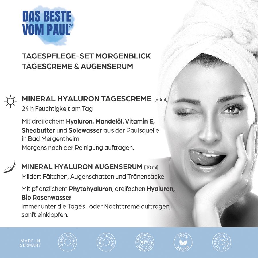 Werbefoto mit Frau und Produktinformationen. Text: Tagespflege-Set Morgenblick, Mineral Hyaluron Tagescreme, Mineral Hyaluron Augenserum.
