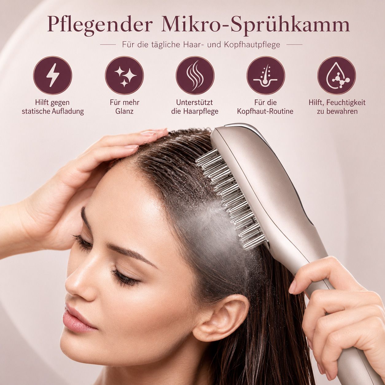 Pflegender Mikro-Sprühkamm für tägliche Haar- und Kopfhautpflege.